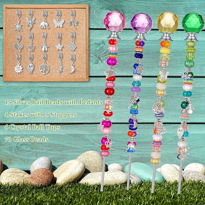 MTLEE 101 Pieces Garden Stakes Decorative Beaded Garden Stakes with Crystal Stopper Top Round Glass Bead Antique Silver Bail with Pendant Silver Bead for Outdoor Decoration (Vintage Style)