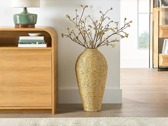 Woven Faux Seagrass Floor Vase, 22 Inch Large Decorative Urn, Natural Handwoven Look Basket, Farmhouse Boho Decor for Living Room, Entryway, Office