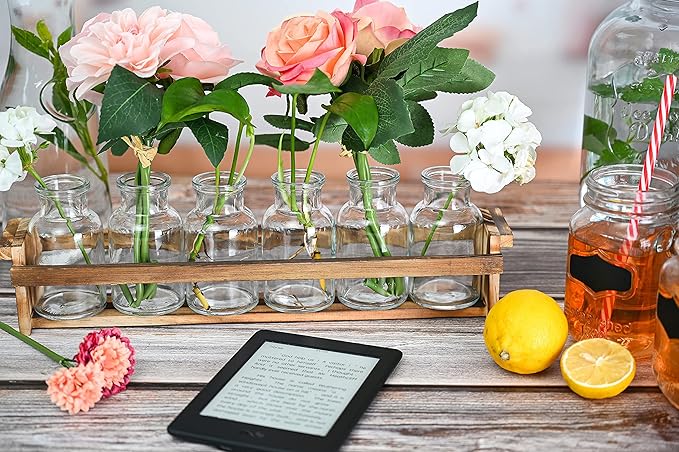 Beautiful Glass Flower Vase with Wooden Plant Stand & 6 Bud Vases, Decorative Glass Bottles for Home Décor, Dining Table Centerpiece, Wedding, Bridal Shower, Events - Vintage Medicine Bottles.