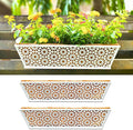 LaLaGreen Window Boxes Planters for Outdoor Plants (2 Pack, 24 Inch) Rectangular Fence Hanging White Metal Deck Railing Flower Box with Coco Liner Modern Horse Troughs Balcony Patio Porch Rail Decor