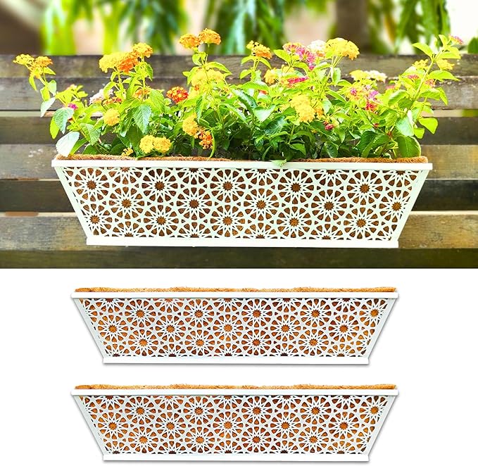 LaLaGreen Window Boxes Planters for Outdoor Plants (2 Pack, 24 Inch) Rectangular Fence Hanging White Metal Deck Railing Flower Box with Coco Liner Modern Horse Troughs Balcony Patio Porch Rail Decor