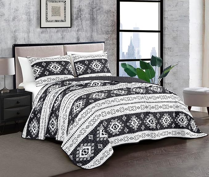 Chezmoi Collection Indie 3-Piece Southwestern Aztec Quilt Set - Black White Geometric Symbols Printed Microfiber Lightweight Quilted Bedspread Set, Full (90" x 95")