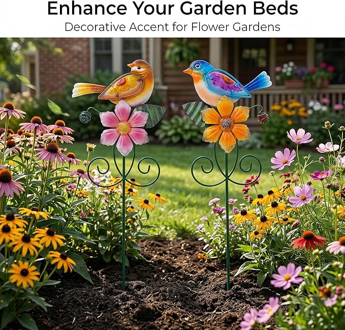 Topadorn Floral Garden Stake Outdoor Plant Pick Water Proof Metal Flower Stick for Lawn Yard Patio,Pathway Ornament,Set of 2,Flower and Bird