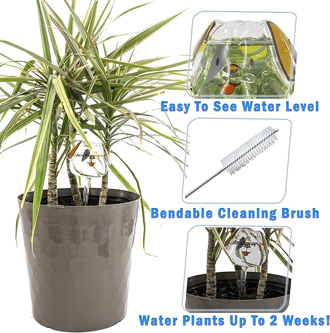 Aqua Glass Plant Watering Globes Automatic Self Watering Plant Insert Spike Orbs - Indoor Outdoor Plant Drip Irrigation - For Flowers, Herbs, Houseplants (Puppy Dog Globes, 4, Units)