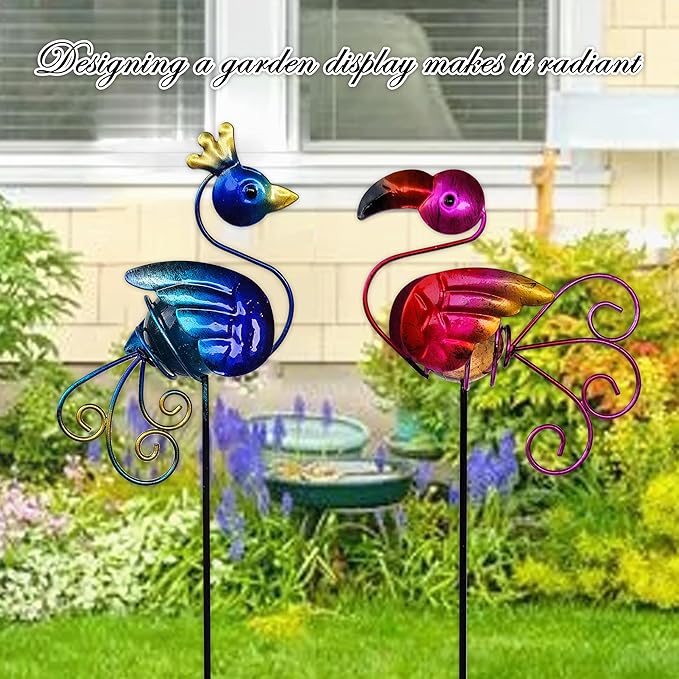 Garden Decor for Outside, Set of 2 Metal 16.5” Decorative Garden Stakes with Peacock Flamingo for Garden Decorations, Welcome Yard Sign Art Stakes for Outdoor Lawn Backyard Porch