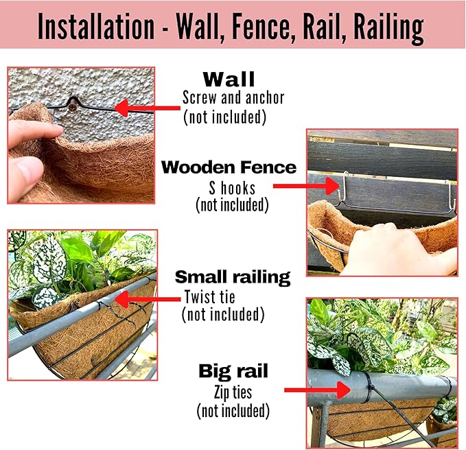 LaLaGreen Wall Hanging Planters for Plants (6 Pack, 12 Inch) Wall Mounted Flower Baskets with Coco Liner, Black Metal Iron Wire Plant Holder for Outdoor Fence Railing Outside Deck Porch Balcony Garden