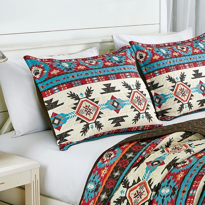 Chezmoi Collection Sanse 2-Piece Southwestern Geometric Motif Quilt Set - Multicolor Red Brown Blue Cream Printed Microfiber Lightweight Quilted Bedspread Set, Twin (70" x 90")