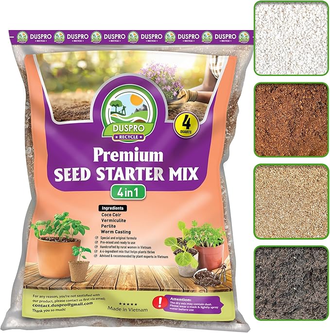 Seed Starter Potting Soil Mix, 4 Dry Quarts, Ready-to-Use Peat-Free Coco Coir Seed Starting Mix 4-in-1 Blend with Perlite, Vermiculite & Worm Castings for Germination & Seedlings
