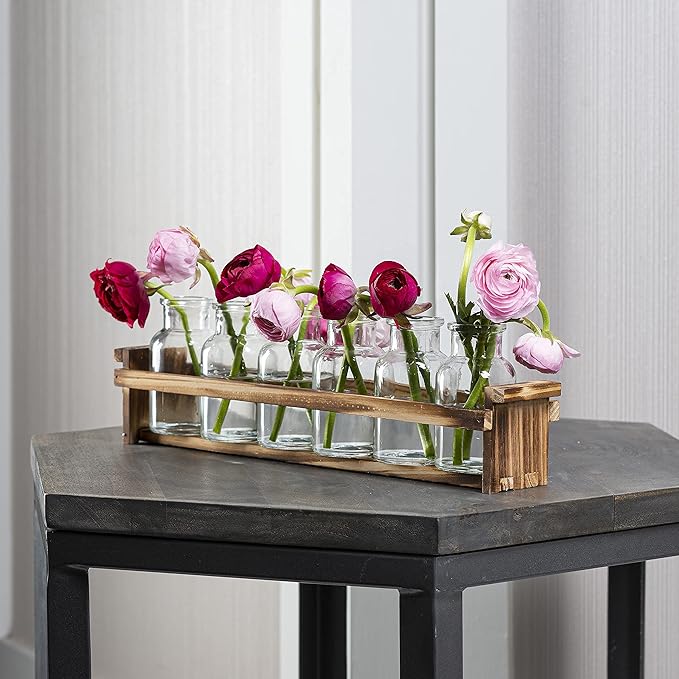Beautiful Glass Flower Vase with Wooden Plant Stand & 6 Bud Vases, Decorative Glass Bottles for Home Décor, Dining Table Centerpiece, Wedding, Bridal Shower, Events - Vintage Medicine Bottles.