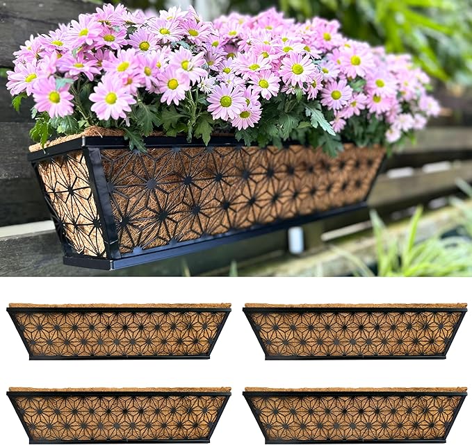 LaLaGreen Window Boxes Planter for Outdoor Plants (4 Pack, 24 Inch) Black Metal Rectangular Flower Pot Wall Planters with Coco Liner, Modern Stylish Horse Trough Railing Deck Rail Fence Balcony Patio