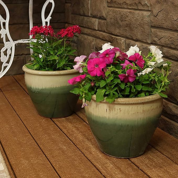 Sunnydaze Round Ceramic Planter - Set of 2 Indoor or Outdoor Plant Pots with Drainage Hole - Chalet - 12" - Seafoam Glaze