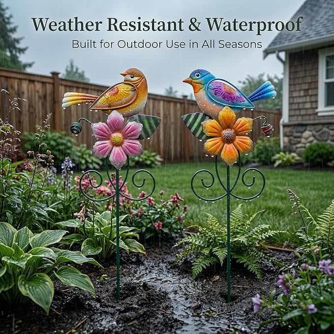 Topadorn Floral Garden Stake Outdoor Plant Pick Water Proof Metal Flower Stick for Lawn Yard Patio,Pathway Ornament,Set of 2,Flower and Bird