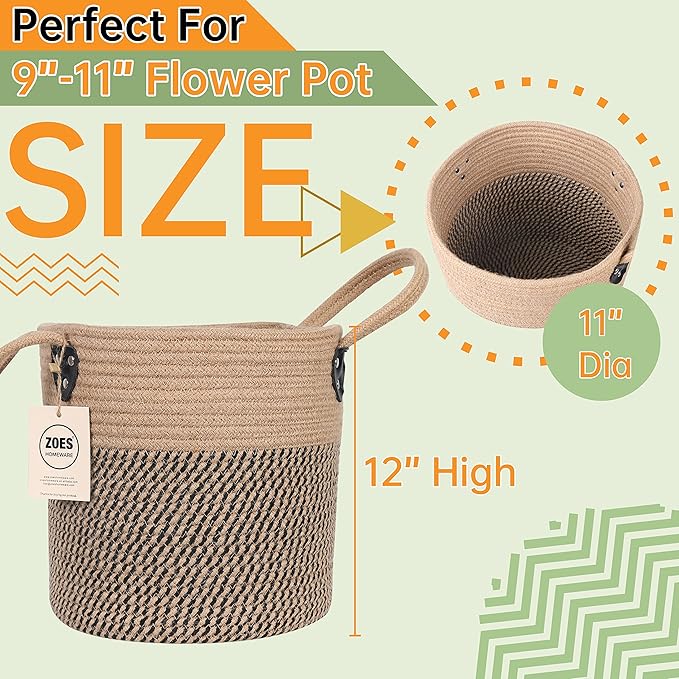 Zoes Homeware Jute Rope Basket - 12"x12" Woven Plant Pot Cover, Boho Indoor/Outdoor Multifunctional Storage