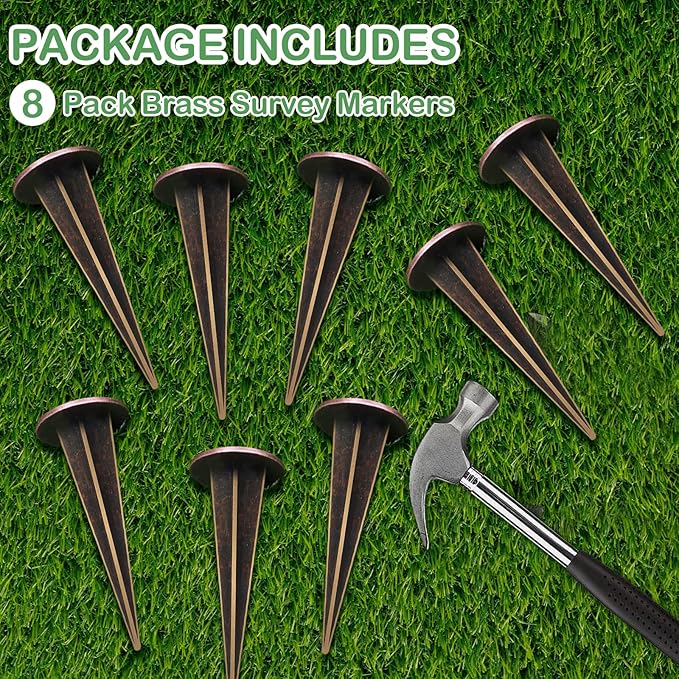 8 Pack Permanent Property Line Markers, 7x3 Inch Brass Boundary Markers for Property Land Survey Stakes Heavy Duty Survey Pin for Home Depot Septic Tank Yard Paver Ground Landscape Surveying