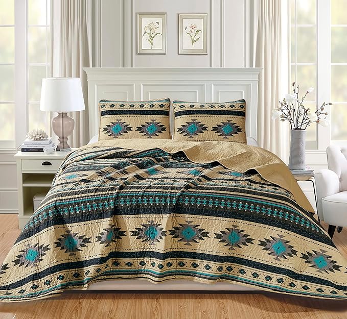 Chezmoi Collection 3-Piece Southwestern Geometric Tribal Quilt Set - Multicolor Teal Beige Black Gray Lightweight Quilted Bedspread Set, Full (90" x 95")