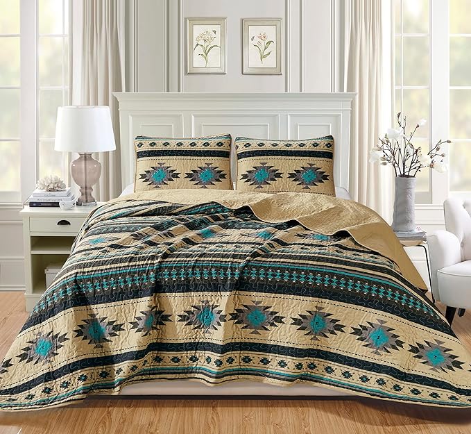 Chezmoi Collection 2-Piece Southwestern Geometric Tribal Quilt Set - Multicolor Teal Beige Black Gray Lightweight Quilted Bedspread Set, Twin (70" x 90")