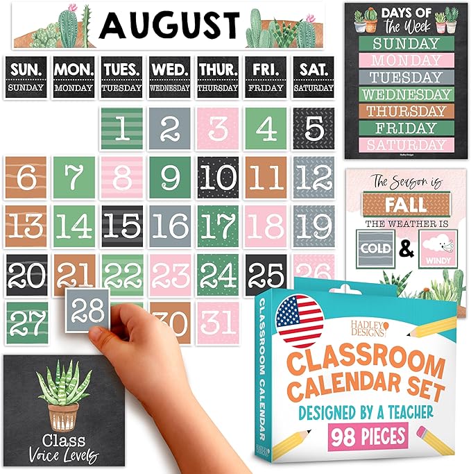 Hadley Designs Classroom Calendar Set Bulletin Board Decorations - Cactus School Calendar for Classroom Decor, Kindergarten Preschool Elementary Teacher Must Haves, Homeschool & Daycare Essentials