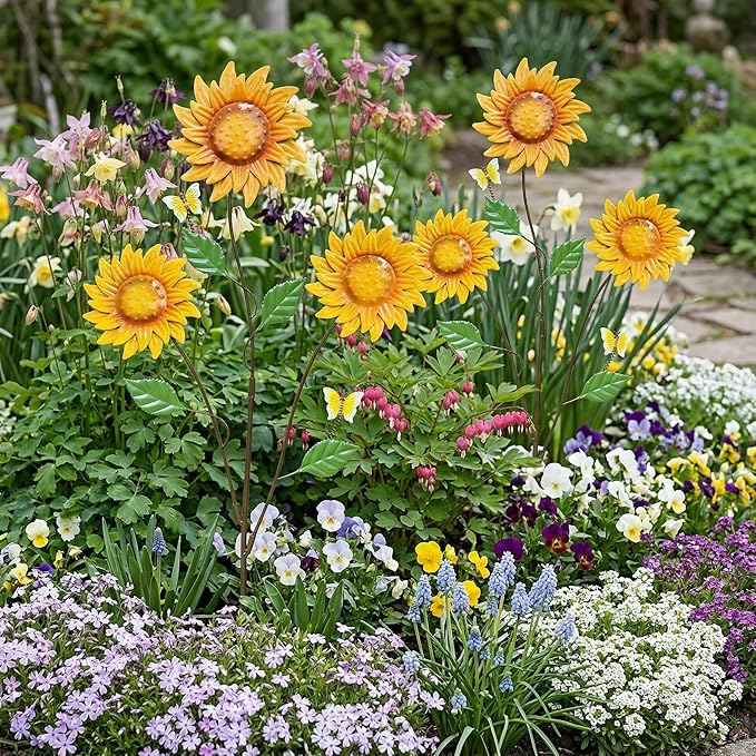 Metal Flowers for Outside, 30-Inch Iron Sunflower Garden Stakes Set of 2, Metal Yard Art Outdoor and Garden, Decorative Garden Stakes for Patio & Lawn Decor (Yellow)
