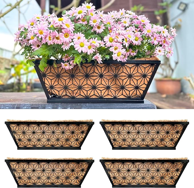 LaLaGreen Window Boxes Planter for Outdoor Plants (4 Pack, 16 Inch) Black Metal Rectangular Flower Pot Wall Planters with Coco Liner Horse Trough Deck Railings Modern Stylish Balcony Fence Porch Patio