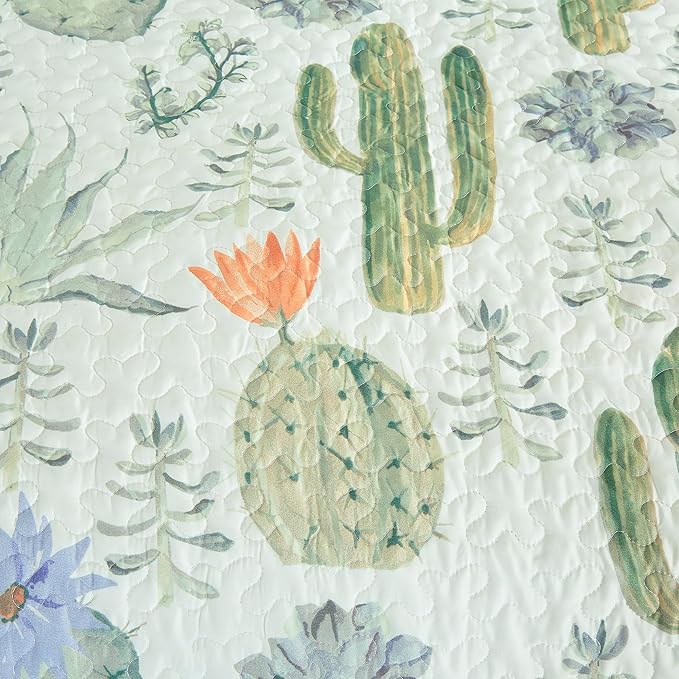 Chezmoi Collection Gregory 2-Piece Southwestern Serene Desert Quilt Set - Green Blue Cactus Succulent Plant Printed Microfiber Lightweight Quilted Bedspread Set, Twin (70" x 90")
