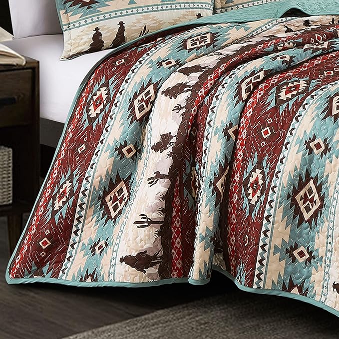 Chezmoi Collection Dune 3-Piece Southwestern Cowboys Aztec Quilt Set - Multicolor Teal Brown Beige Tan Red Printed Microfiber Bedspread Set, Queen (100" x 95")