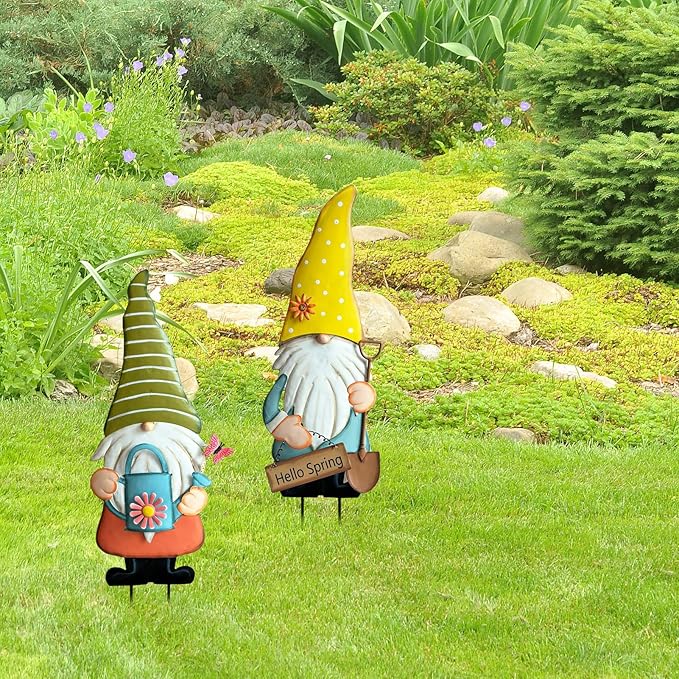 Metal Gnome Decorative Garden Stakes,23.8” Set of 2 Spring Garden Gnomes Outdoor Decor with Flower Butterfly Watering Can Ornament, Gnomes Decorations for Yard Lawn Backyard Porch Outside Decorations