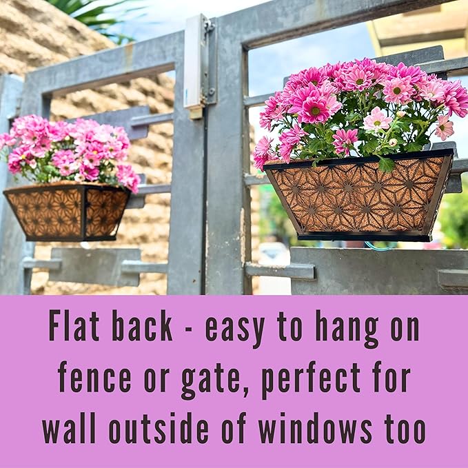 LaLaGreen Window Boxes Planter for Outdoor Plants (2 Pack, 12 Inch) Black Metal Small and Cute Rectangular Flower Pot Wall Planters with Coco Liner Horse Trough Deck Railing Garden Balcony Fence Patio
