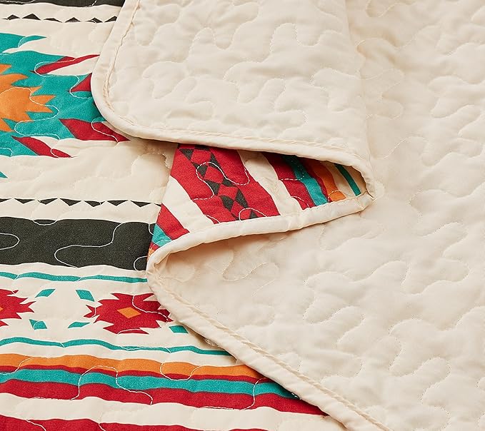 Chezmoi Collection 3-Piece Southwestern Geometric Tribal Quilt Set - Multicolor Cream Red Teal Orange Lightweight Quilted Bedspread Set, Queen (100" x 95")