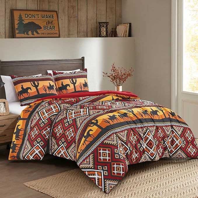 Chezmoi Collection Barrett 3-Piece Southwestern Sunset Cowboys Comforter Set - Multicolor Red Orange Black White Printed Washed Microfiber Bedding, Queen