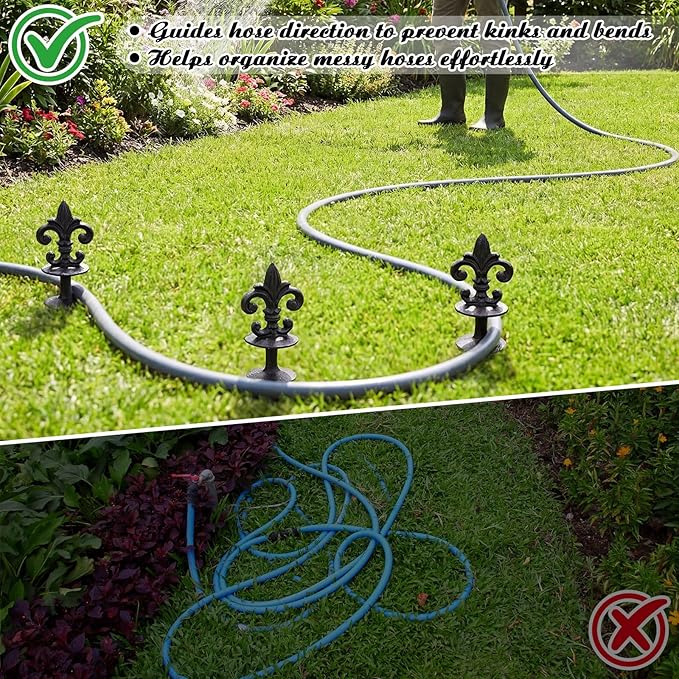 4 Pcs Antique Garden Hose Guide Spike, 13.7" Fleur De Lis Decorative Cast Iron Finial Stakes Heavy Duty Metal Plant Saver Tools Outdoor Hose Protection for Lawn Yard Patio(Black,Single Style)