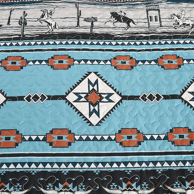 Chezmoi Collection Boone 3-Piece Southwestern Cowboys Rodeo Quilt Set Queen - Multicolor Blue Brown Beige Clay Printed Microfiber Lightweight Bedspread Set for All Season