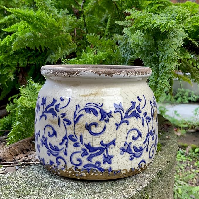 Dosayes Flower Pot,Vintage Ceramic Pot for Planter with Drainage Holes, 6.29 inch Ice Crack Glazed Indoor Planters Pot for Indoor,Tuscan Home Decor,Gardening Gifts,Blue and White (Tropical)