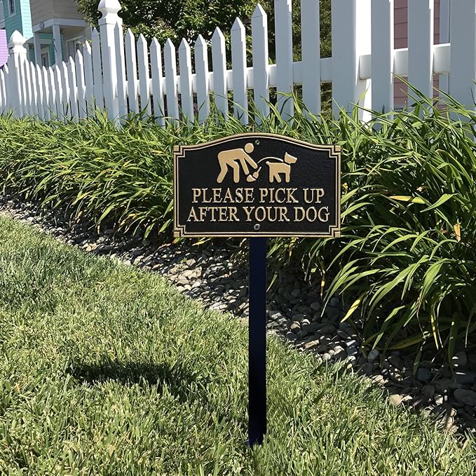 SmartSign Please Pick Up After Your Dog Sign for Yard | 5.75" x 9.5" Aluminum GardenBoss Statement Plaque with 18" Black Lawn Stake, Premium/Designer, Made in USA