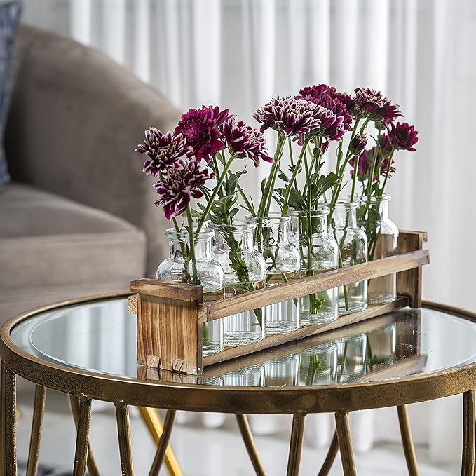 Beautiful Glass Flower Vase with Wooden Plant Stand & 6 Bud Vases, Decorative Glass Bottles for Home Décor, Dining Table Centerpiece, Wedding, Bridal Shower, Events - Vintage Medicine Bottles.