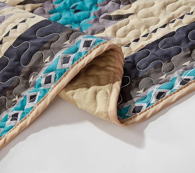 Chezmoi Collection 3-Piece Southwestern Geometric Tribal Quilt Set - Multicolor Teal Beige Black Gray Lightweight Quilted Bedspread Set, Full (90" x 95")