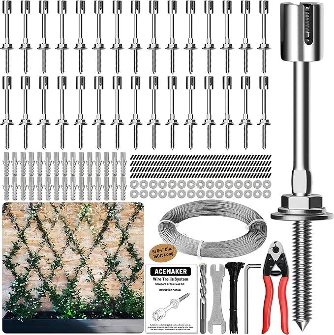 Wire Trellis for Climbing Plants Outdoor, 30-Set Wall Wire Trellis Kit with 5/64"(2mm) x 150ft Stainless Steel Cable & Cutter, T316 Espalier System for Fence and Garden DIY Projects