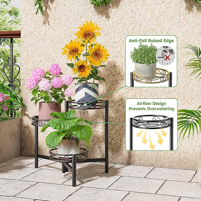 Outdoor Plant Stands for Patio 3 Tier Corner Plant Stands for Indoor Plants Living Room Black Circle