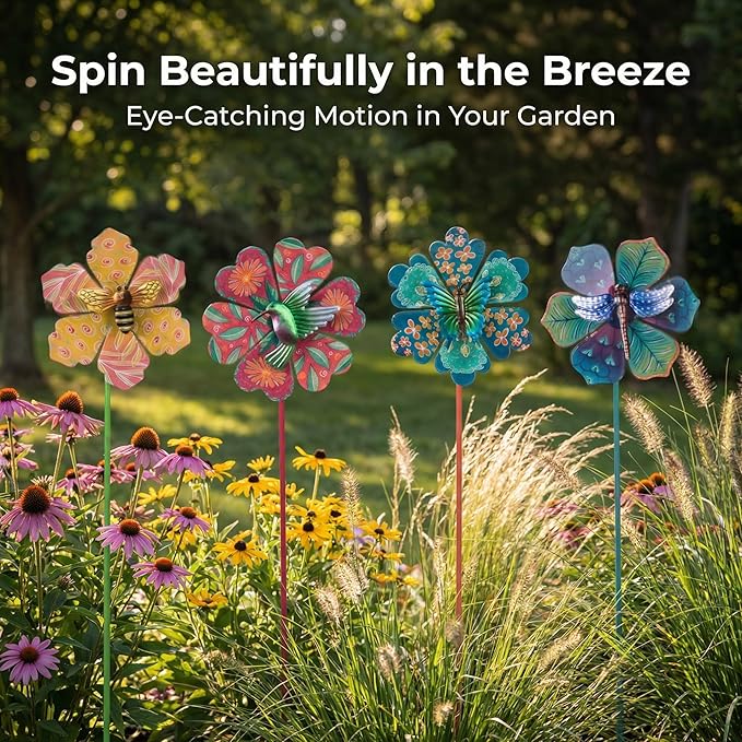 Topadorn Metal Floral Garden Stakes Waterproof Wind Spinner Decor - Colorful Windmill Design for Patio, Lawn, Garden, for Plant Lovers,4 Pack