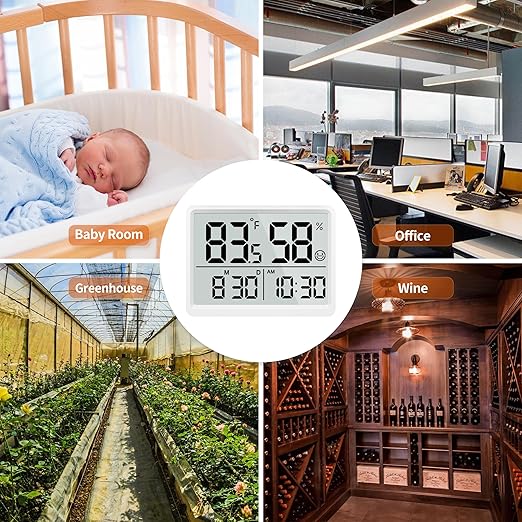 DOOMAY Digital Room Thermometer and Humidity Monitor with Calibration,High Accuracy Sensor Indoor Hygrometer with Date & Clock Desktop Magnet Sticky for Baby Room Greenhouse Guitar(White)