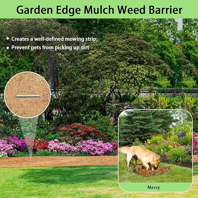 Thick Mulch Roll for Landscaping,120" x 6.5" Coconut Fiber Liner Mulch Mat with 16PCS U-Shaped Steel Stakes and Plant Ties Tape,Natural Coco Liner Pad Garden Edging Border Lawns Weed Barrier