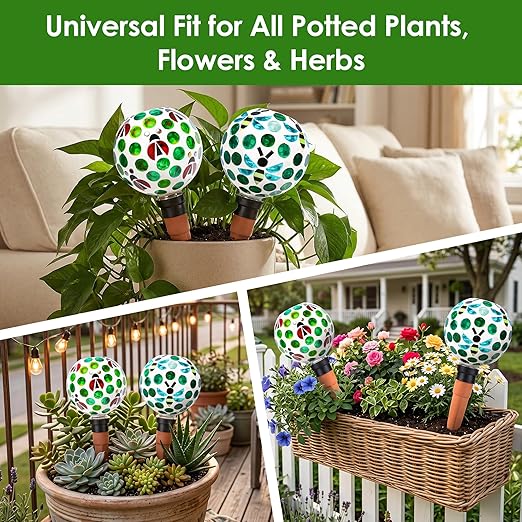 Terracotta Plant Watering Globes Mosaic Self Watering Spikes 2 Pack for Indoor Outdoor Plants Automatic Plant Waterer Plant Watering Devices for Garden Home Decor