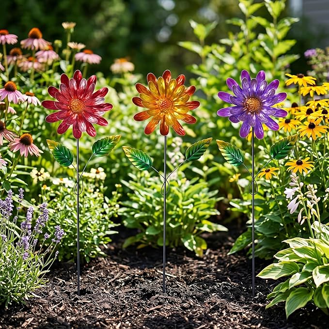 Garden Stakes Decorative, Metal Flowers for Outside, Glow in Dark Yard Lawn Ornaments Plant Pot Flower Bed Decor, Patio, Set of 3, Purple Yellow Red