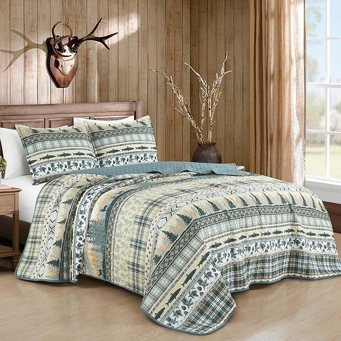Chezmoi Collection Lake 3-Piece Lodge Quilt Set Queen - Multicolor Pine Tree Fish Deer Explorer Mountain Printed Microfiber Lightweight Bedspread Set for All Season