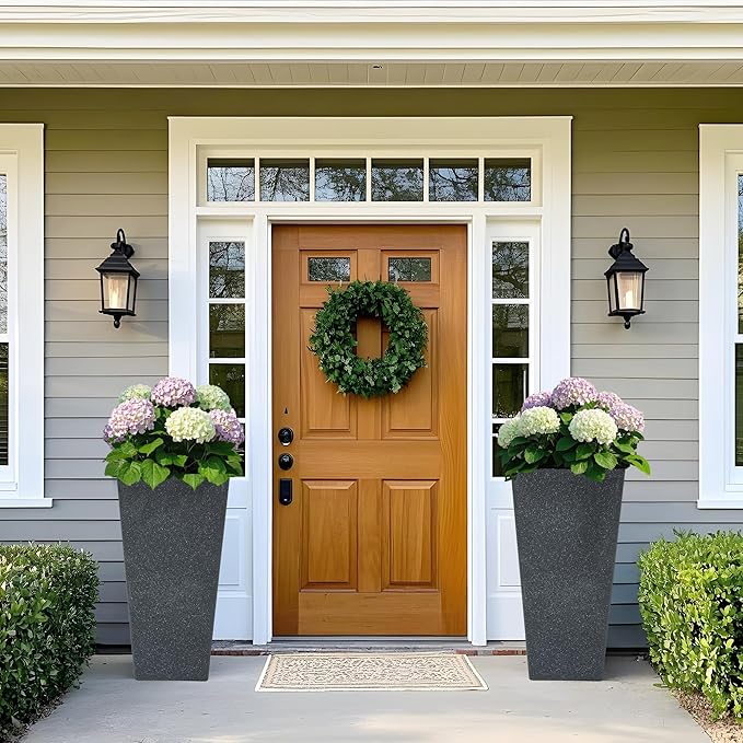 Autodaya 28" Plant Pots Tall Planters for Plants Outdoor Set of 2 Plastic Planter Pot Large Flower Pots Indoor Weather-Resistant for Patio, Porch, Garden, Front Door Christmas Decor Terrazzo Black