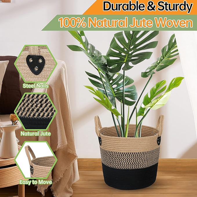 ZOES HOMEWARE 14"x12" Natural Jute Rope Woven Storage Basket with Handles for Plant, Blankets,Toys - Living Room Home Decor,Multifunctional Basket for Organizer,Picnic,Artificial Tree Black and Beige