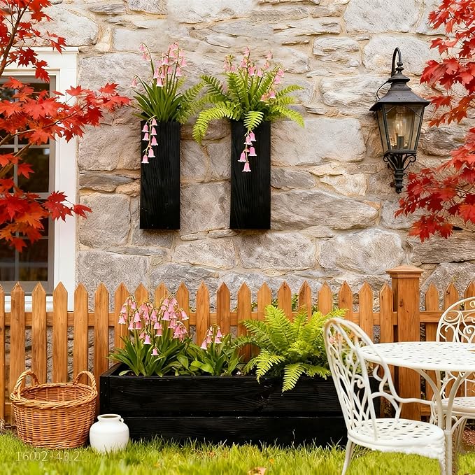 2 Pack Black Wood Hanging Wall Planter Vases - Farmhouse Boho Wall Pockets for Faux Greenery, Dried Flowers, Eucalyptus Stems, Modern Indoor Wall Decor for Living Room Bedroom Office