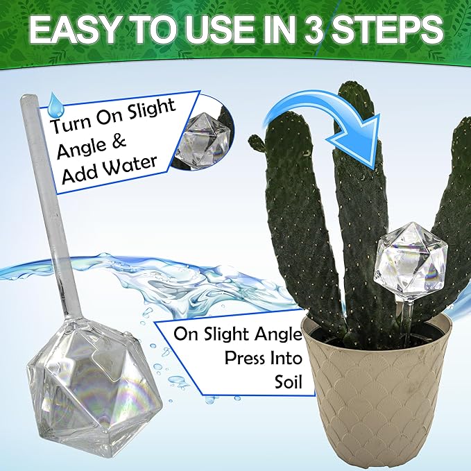 Aqua Glass Plant Watering Globes Automatic Self Watering Plant Insert Spike Orbs - Indoor Outdoor Plant Drip Irrigation - For Flowers, Herbs, Houseplants (Iridescent Diamond Globes, 4, Units)