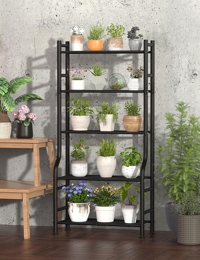Livilord 5-Tier Plant Stand Indoor Outdoor, 64" Tall Metal Ladder Shelf for Multiple Flower Pot Holder, Waterproof Corner Garden Rack for Balcony Living Room, Black