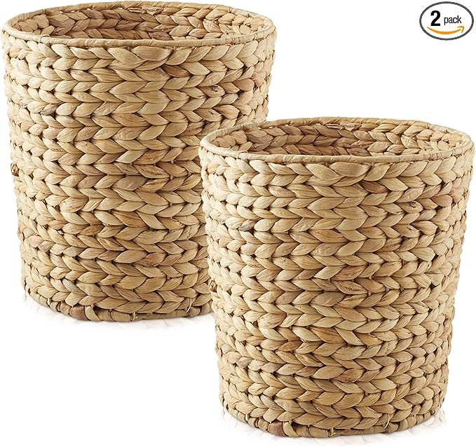 Casafield Set of 2 Water Hyacinth Waste Baskets - Natural, Round Woven Trash Can Bins for Bathroom, Bedroom, Laundry Room, Home Office
