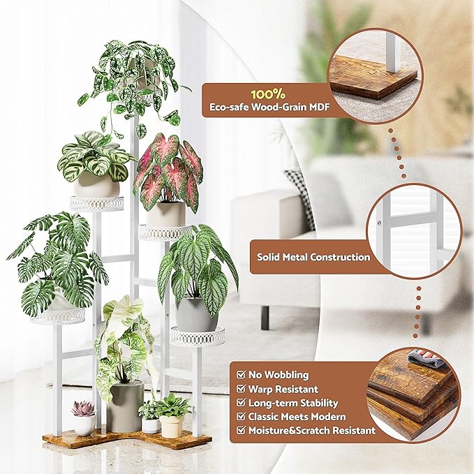 Plant Stand Indoor Outdoor, 6 Tier Tall Metal Wood Shelf Holder Display Rack Flower Pot Stand for Patio Garden Balcony Living Room Bedroom